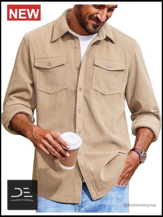 Other - Corduroy Button Down Shirt Jacket Lightweight Overshirt with Flap Pockets